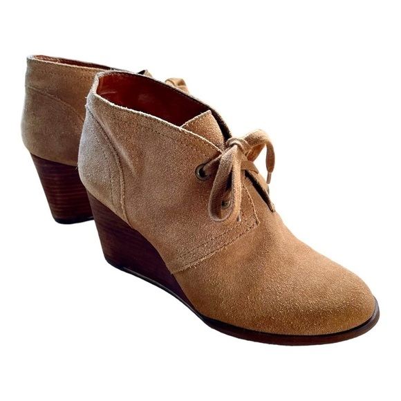 LUCKY BRAND, WOMENS, TRENDY, SWAY WEDGE BOOTIES. CAMEL COLOR LEATHER. SIZE 7M - Picture 3 of 7